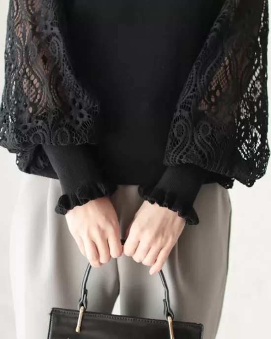 Original Loose Hollow Lace Round-Neck Long Puff Sleeves Sweater Pullovers