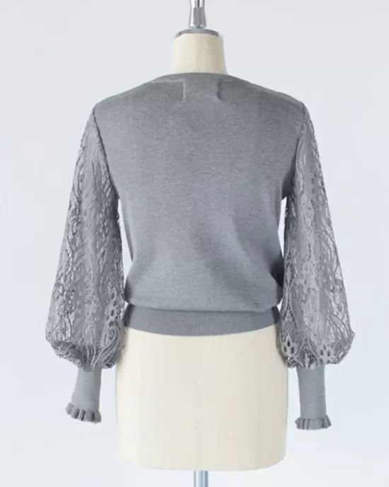 Original Loose Hollow Lace Round-Neck Long Puff Sleeves Sweater Pullovers