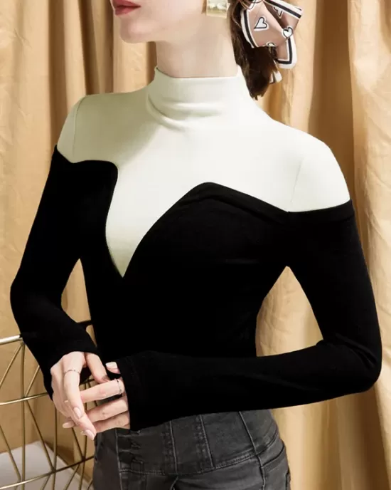 Vintage Contrast Color High-Neck Long Sleeves Pullover