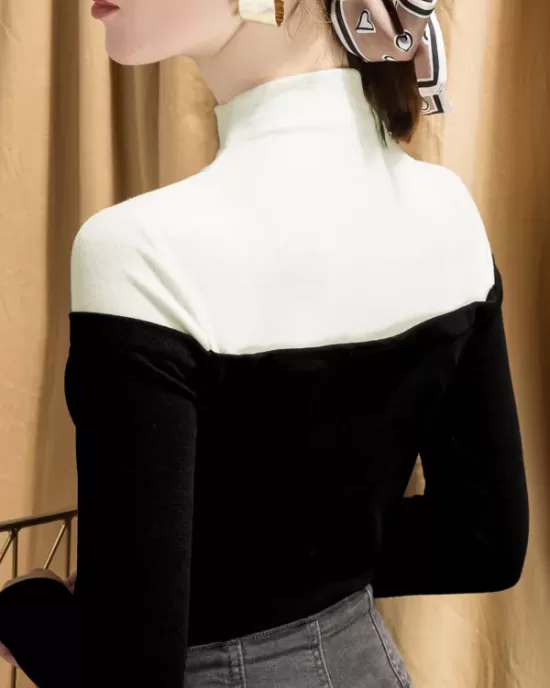 Vintage Contrast Color High-Neck Long Sleeves Pullover