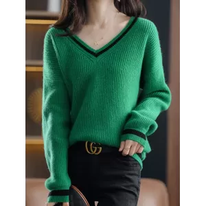 Urban Loose Long Sleeves Contrast Color V-Neck Sweater Tops