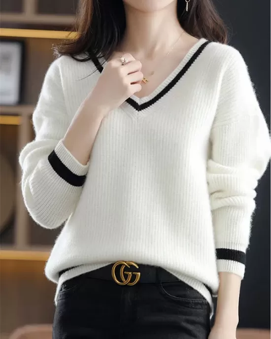 Urban Loose Long Sleeves Contrast Color V-Neck Sweater Tops