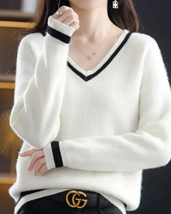 Urban Loose Long Sleeves Contrast Color V-Neck Sweater Tops