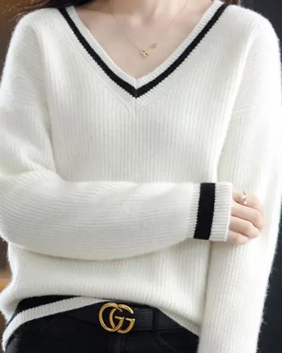 Urban Loose Long Sleeves Contrast Color V-Neck Sweater Tops