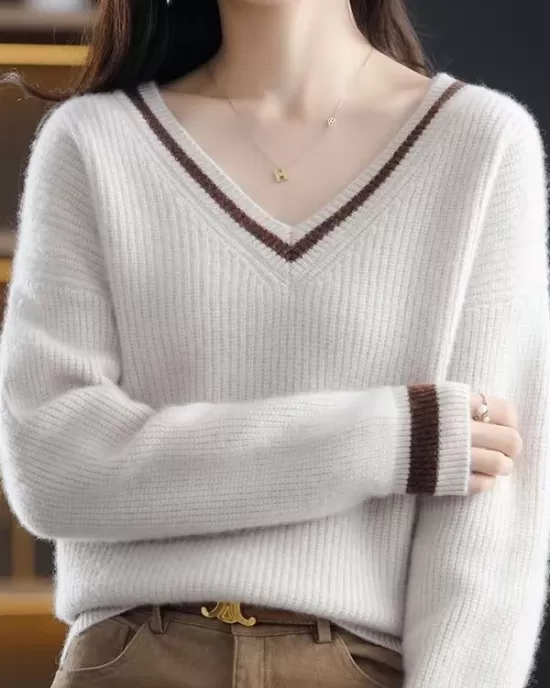 Urban Loose Long Sleeves Contrast Color V-Neck Sweater Tops