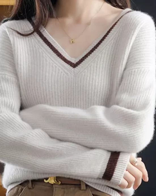 Urban Loose Long Sleeves Contrast Color V-Neck Sweater Tops