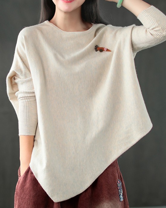 Simple Loose Long Sleeves Solid Color Round-Neck Sweater Tops