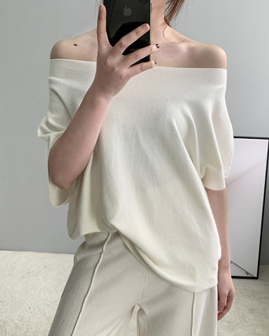 Solid Color Half Sleeves Loose Off-The-Shoulder Sweater Tops Pullovers Knitwear