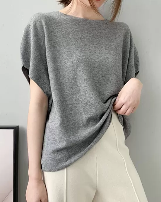 Solid Color Half Sleeves Loose Off-The-Shoulder Sweater Tops Pullovers Knitwear