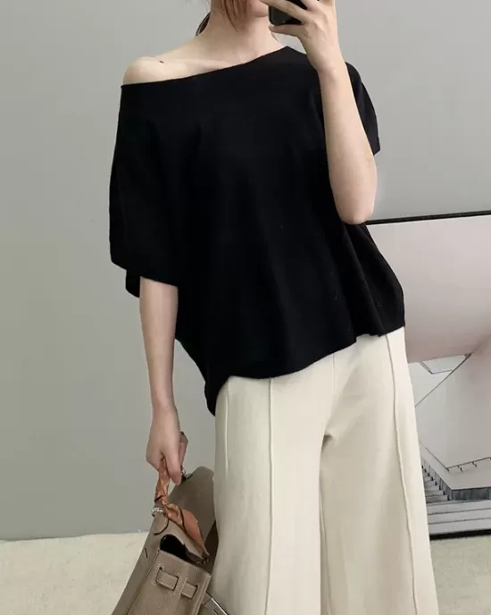 Solid Color Half Sleeves Loose Off-The-Shoulder Sweater Tops Pullovers Knitwear