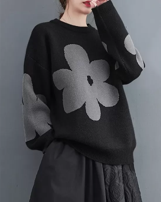 Casual Loose Long Sleeves Contrast Color Jacquard Round-Neck Sweater Tops