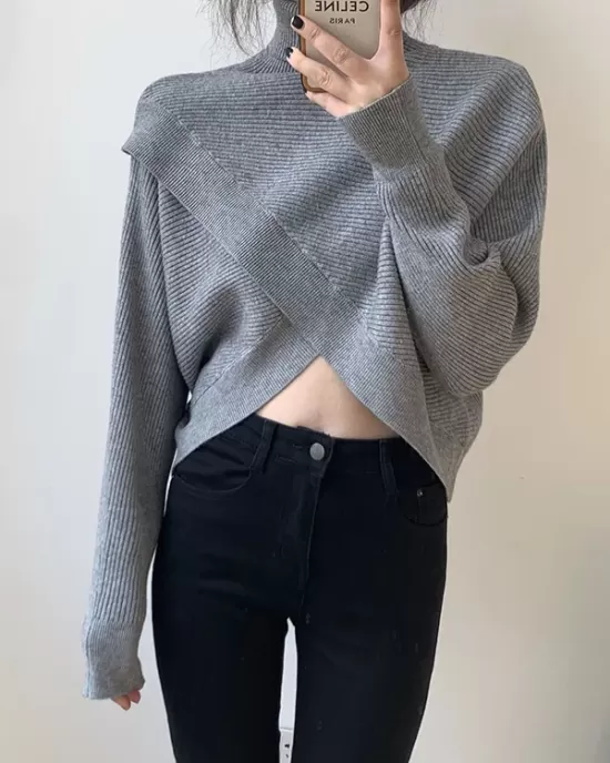 Asymmetric Solid Color Split-Front Long Sleeves High-Neck Sweater Pullovers Knitwear