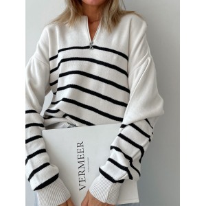 Urban Long Sleeves Loose Striped Round-Neck Sweater Tops