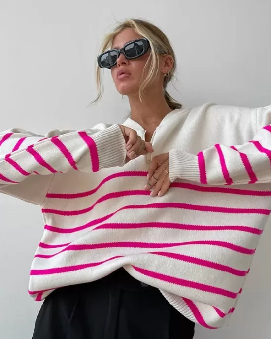 Urban Long Sleeves Loose Striped Round-Neck Sweater Tops