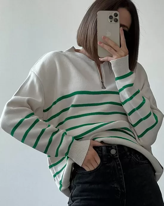 Urban Long Sleeves Loose Striped Round-Neck Sweater Tops