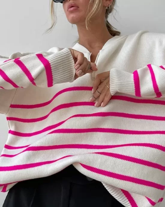 Urban Long Sleeves Loose Striped Round-Neck Sweater Tops