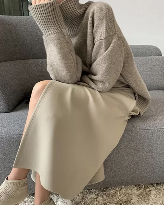 Casual Loose Long Sleeves Solid Color High-Neck Sweater Tops