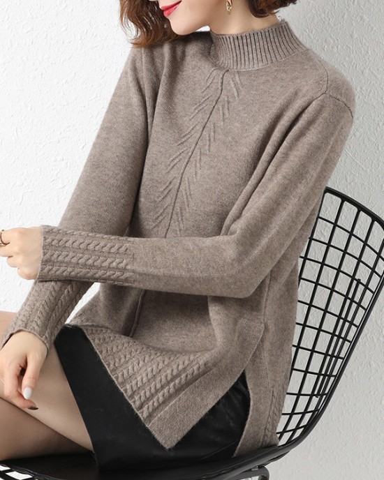 Loose Split-Side Solid Color Half Turtleneck Sweater Tops