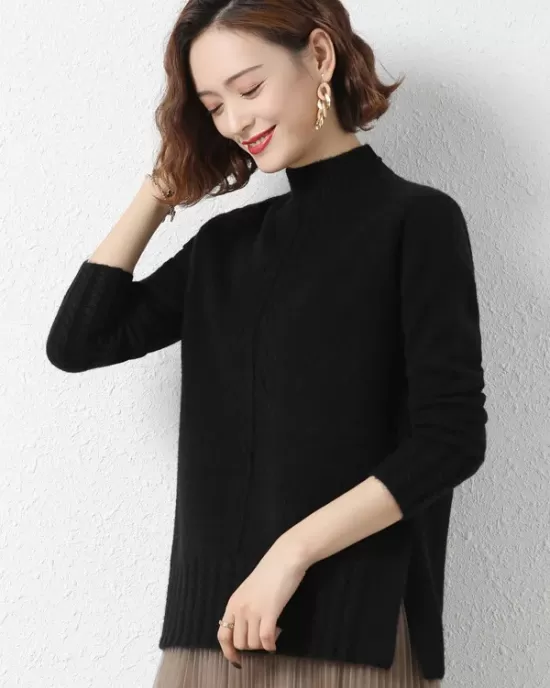 Loose Split-Side Solid Color Half Turtleneck Sweater Tops