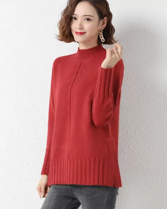 Loose Split-Side Solid Color Half Turtleneck Sweater Tops