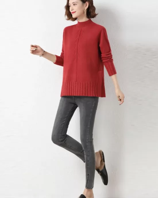 Loose Split-Side Solid Color Half Turtleneck Sweater Tops