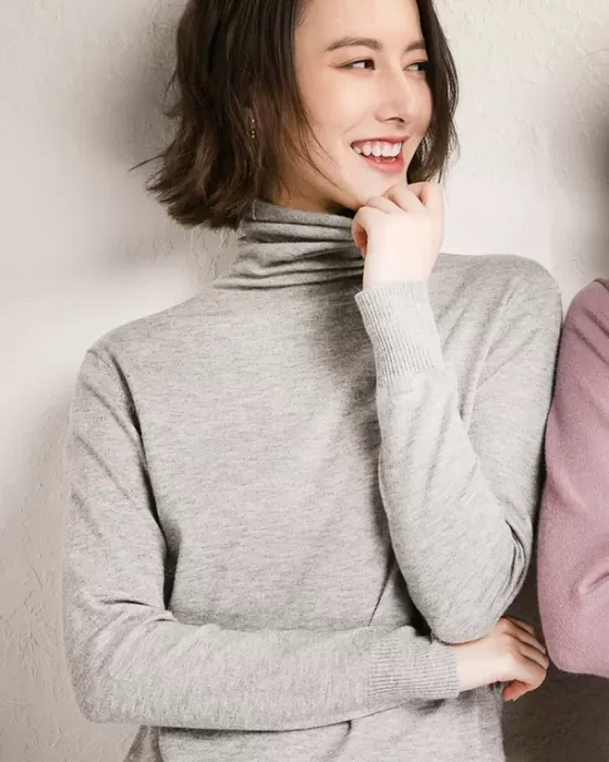 Simple Loose Long Sleeves Solid Color High-Neck Sweater Tops