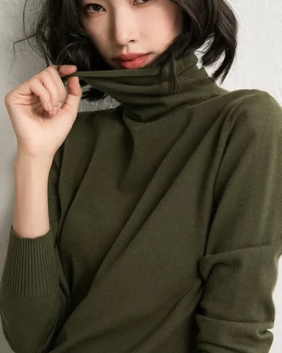 Simple Loose Long Sleeves Solid Color High-Neck Sweater Tops