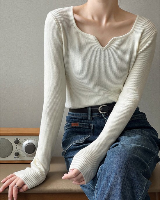 Urban Skinny Long Sleeves Elasticity Solid Color V-Neck Sweater Tops Pullovers