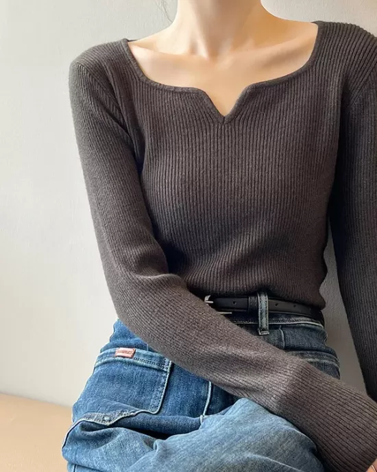 Urban Skinny Long Sleeves Elasticity Solid Color V-Neck Sweater Tops Pullovers