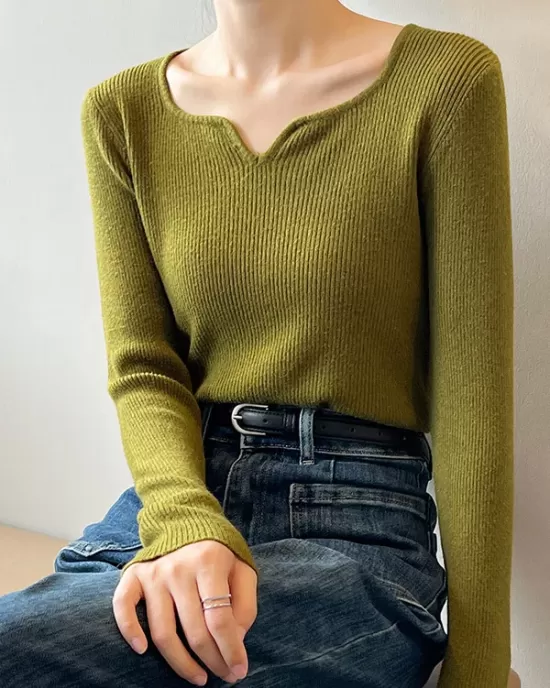 Urban Skinny Long Sleeves Elasticity Solid Color V-Neck Sweater Tops Pullovers