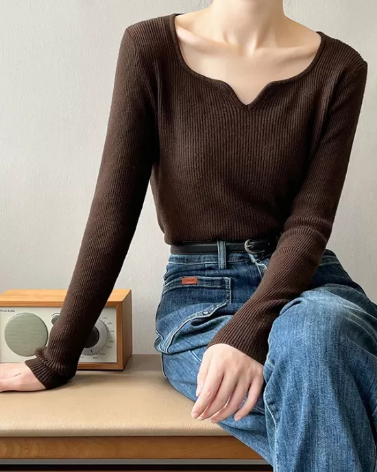 Urban Skinny Long Sleeves Elasticity Solid Color V-Neck Sweater Tops Pullovers