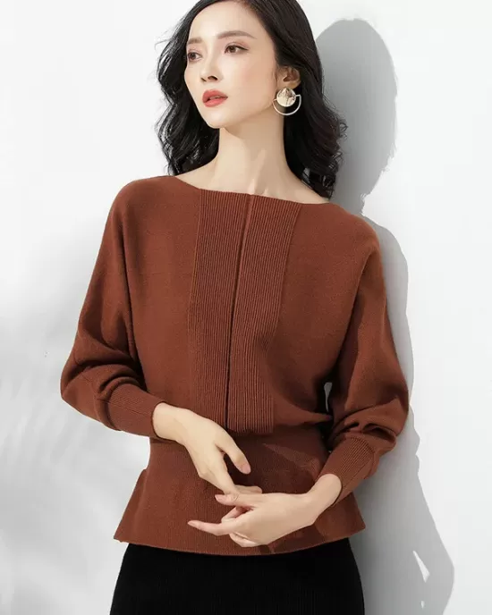 Casual Long Sleeves Solid Color Boat Neck Tunic Sweater Tops