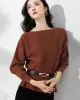 Casual Long Sleeves Solid Color Boat Neck Tunic Sweater Tops