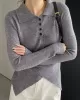 Asymmetric Buttoned Hollow Long Sleeves Skinny Lapel Sweater Pullovers Knitwear