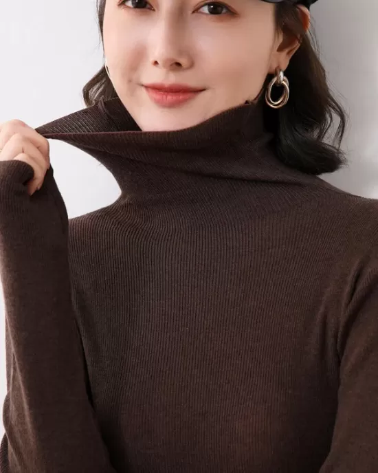 Simple Skinny Long Sleeves Solid Color High-Neck Sweater Tops Pullovers