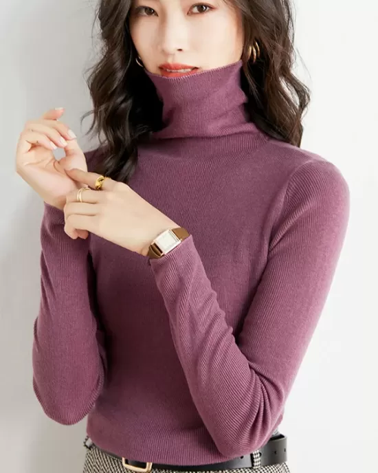 Simple Skinny Long Sleeves Solid Color High-Neck Sweater Tops Pullovers