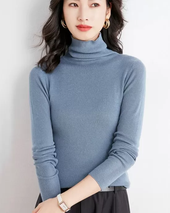 Simple Skinny Long Sleeves Solid Color High-Neck Sweater Tops Pullovers