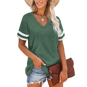 Contrast Color Striped Loose Short Sleeves V-Neck T-Shirts