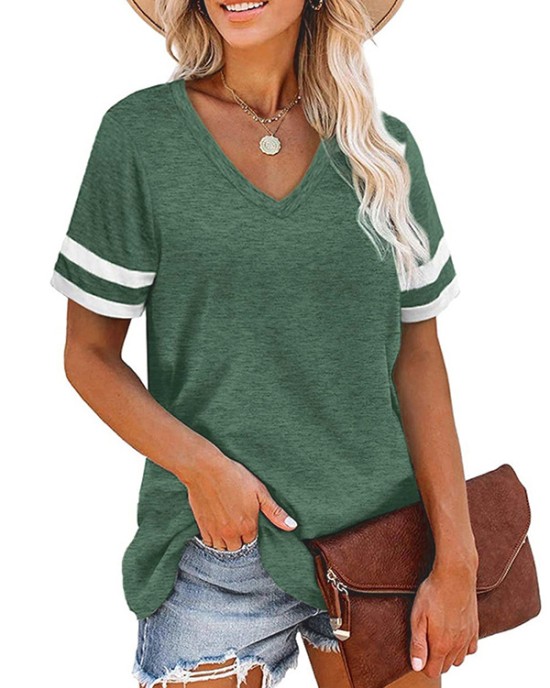 Contrast Color Striped Loose Short Sleeves V-Neck T-Shirts