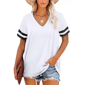 Contrast Color Striped Loose Short Sleeves V-Neck T-Shirts