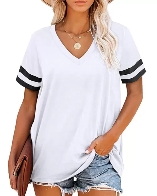 Contrast Color Striped Loose Short Sleeves V-Neck T-Shirts