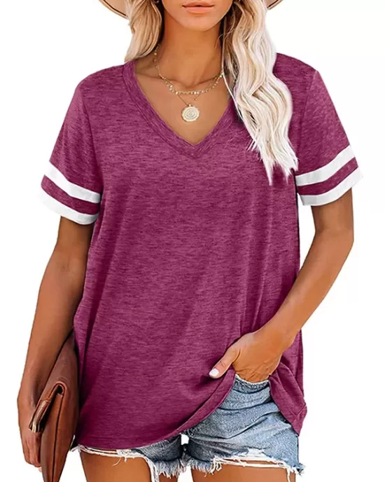 Contrast Color Striped Loose Short Sleeves V-Neck T-Shirts