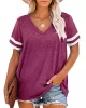 Contrast Color Striped Loose Short Sleeves V-Neck T-Shirts