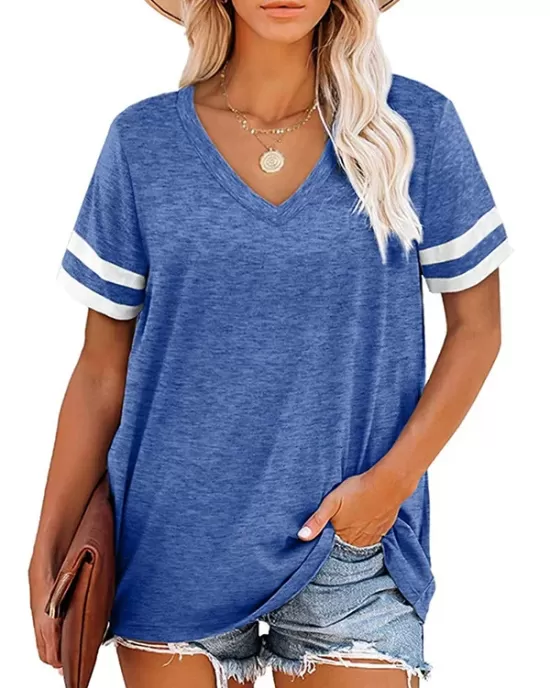 Contrast Color Striped Loose Short Sleeves V-Neck T-Shirts