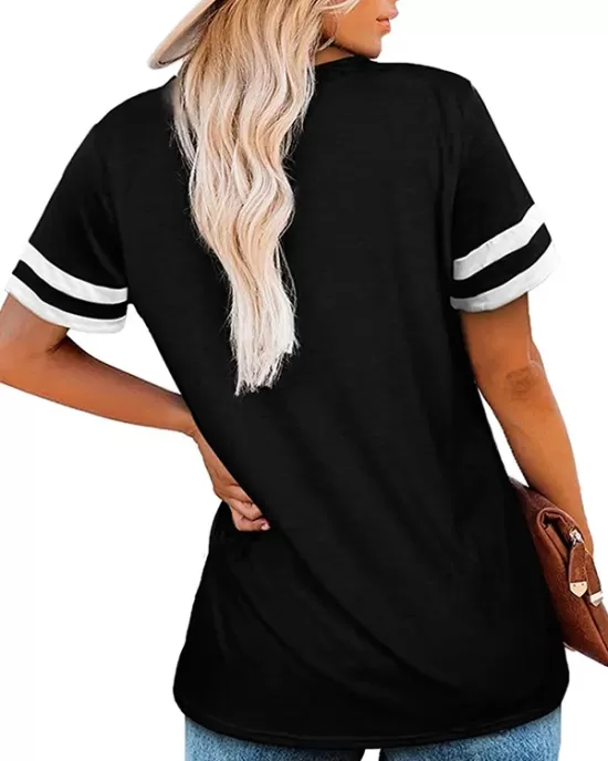 Contrast Color Striped Loose Short Sleeves V-Neck T-Shirts