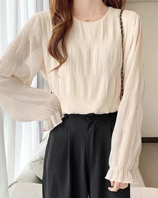 Pleated Solid Color Flared Sleeves Loose Round-Neck T-Shirts