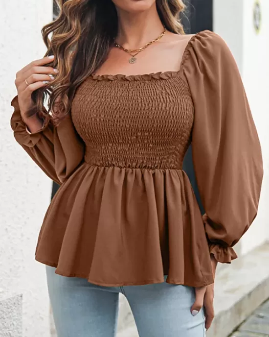 Elasticity Pleated Solid Color Long Sleeves Puff Sleeves Square-Neck T-Shirts