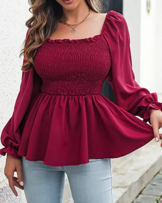 Elasticity Pleated Solid Color Long Sleeves Puff Sleeves Square-Neck T-Shirts