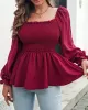 Elasticity Pleated Solid Color Long Sleeves Puff Sleeves Square-Neck T-Shirts