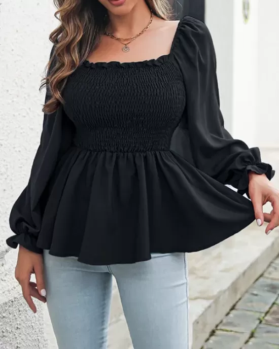 Elasticity Pleated Solid Color Long Sleeves Puff Sleeves Square-Neck T-Shirts